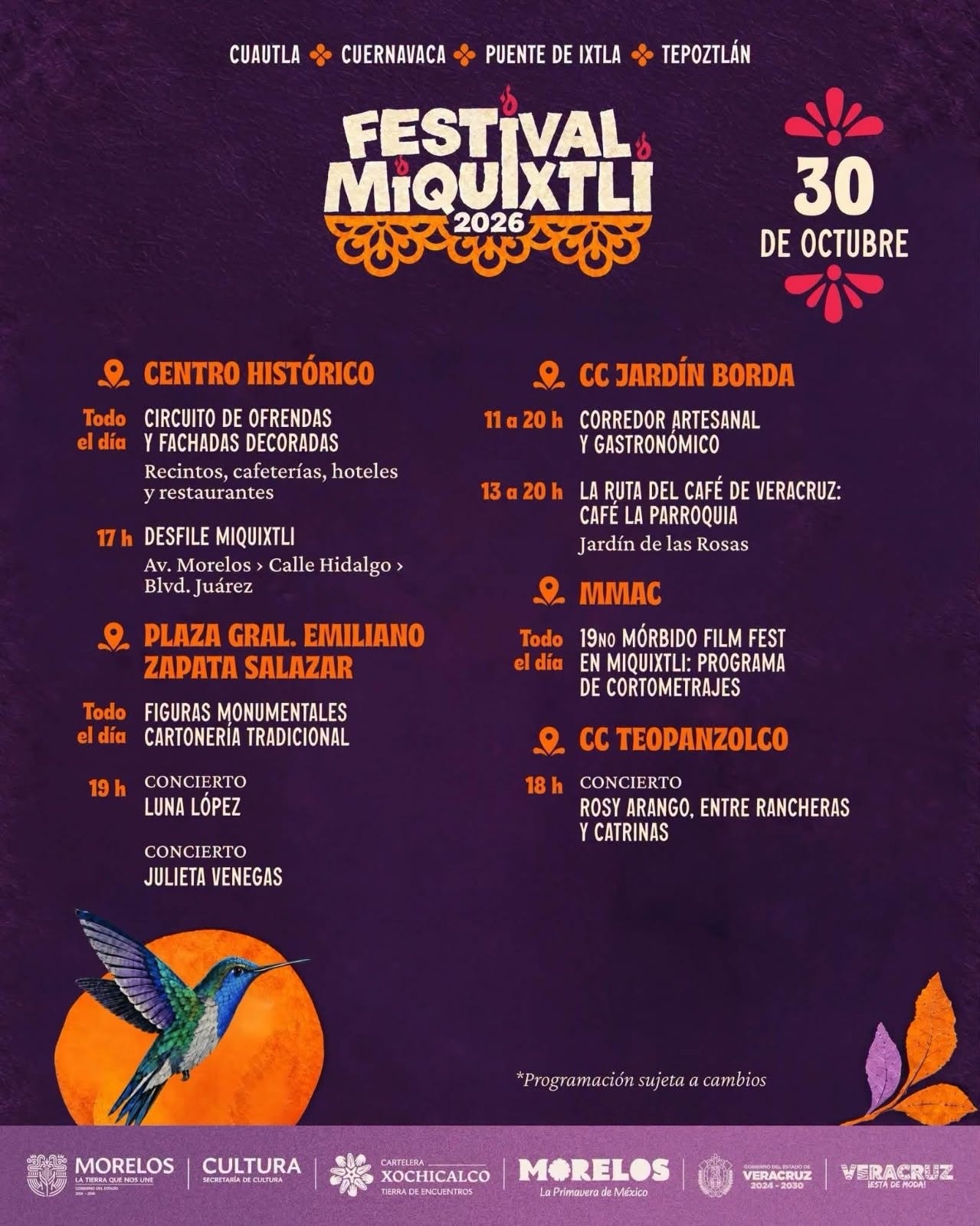 Cartel con actividades del 30 de octubre de 2026