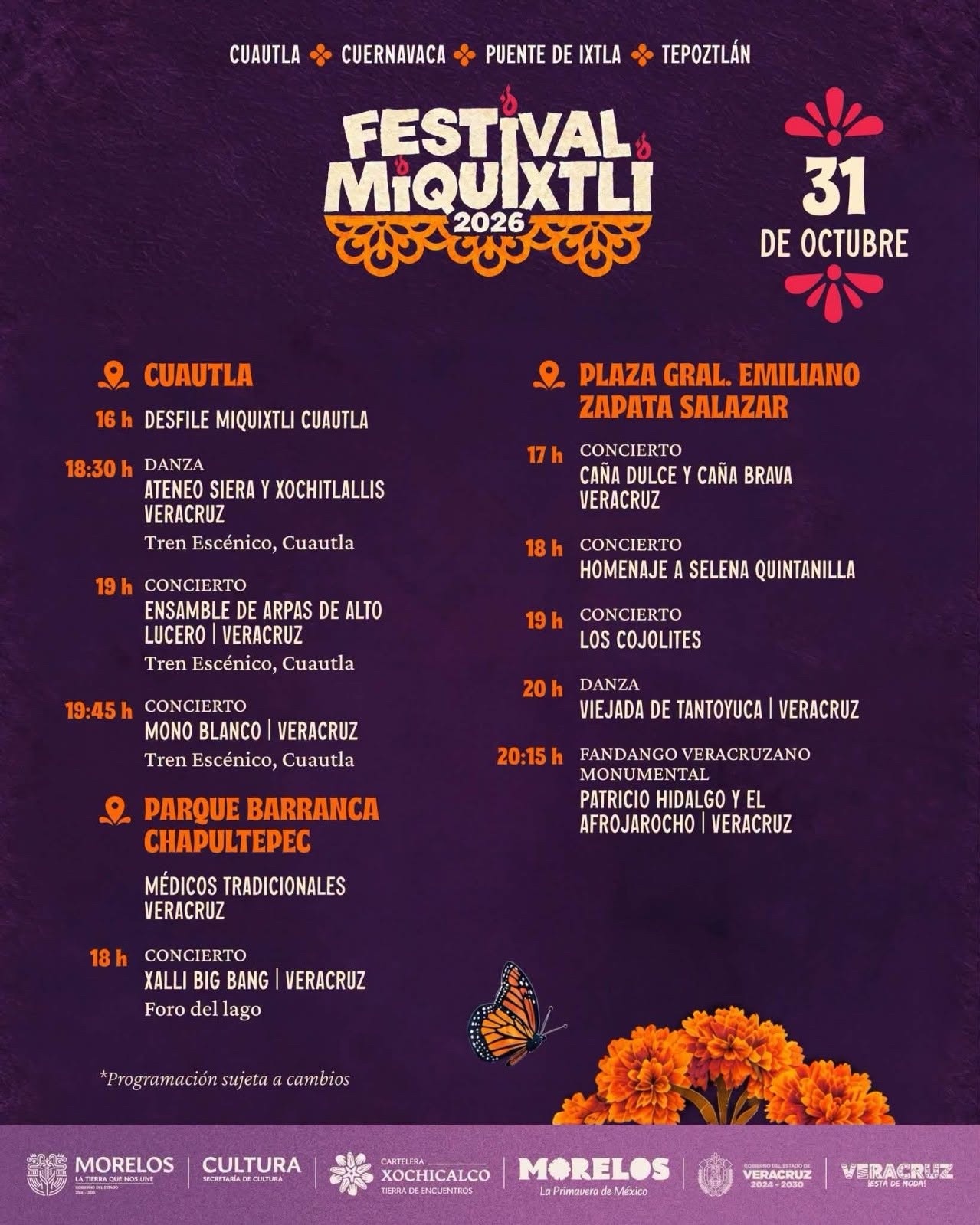 Cartel con actividades del 31 de octubre de 2026